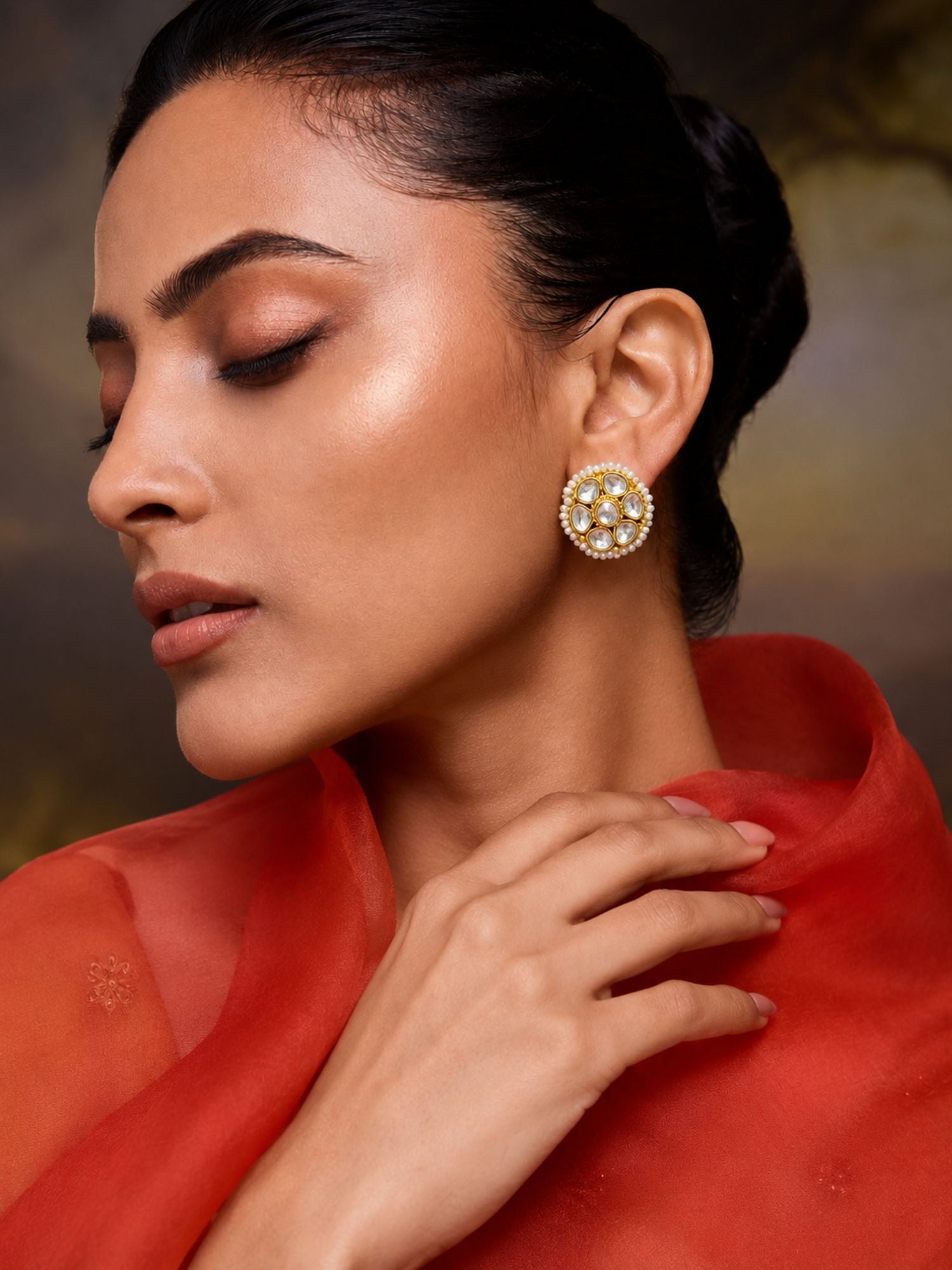 Gold Plated Floral Kundan Pearl Stud Earrings for Women