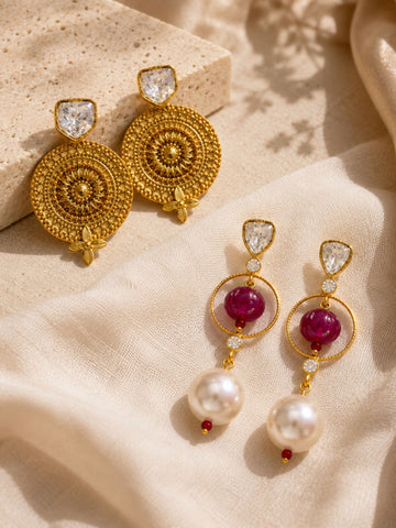 Gold Plated Kundan Pearl & Textured Statement Earrings Combo Set of 2 for Women