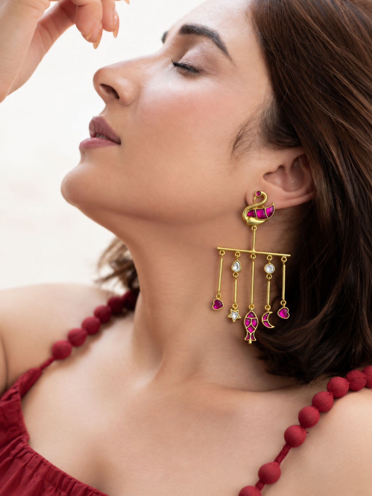 Gold Plated Pink Meenakari Charm Long Statement Earrings for Women