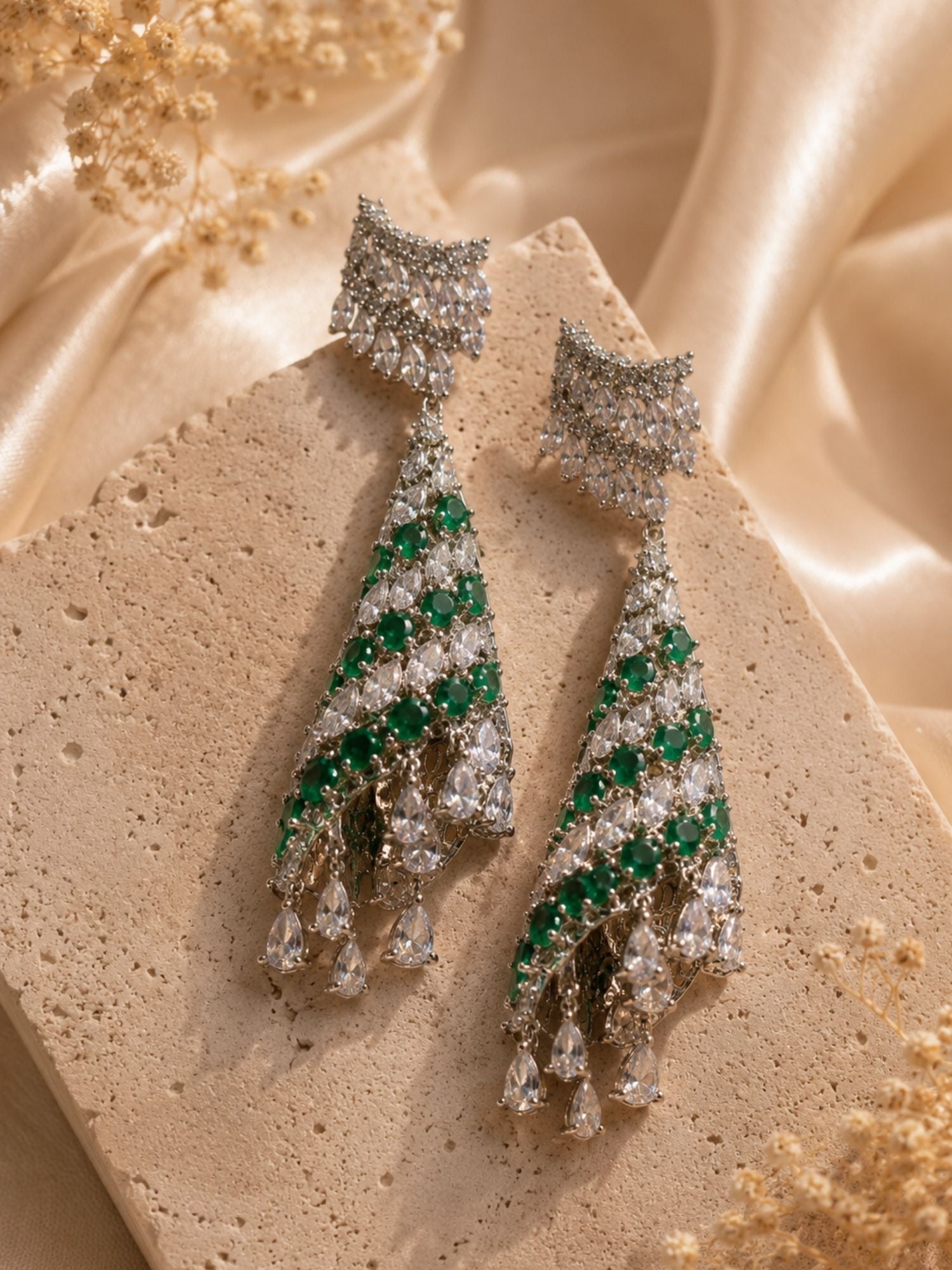 Emerald Green CZ Long Earrings in Silver Finish – Party Wear - earrings by Abdesigns Jewellery