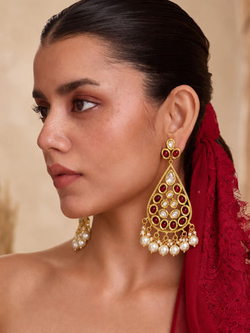 Gold Plated Ruby Kundan Pearl Statement Earrings for Women
