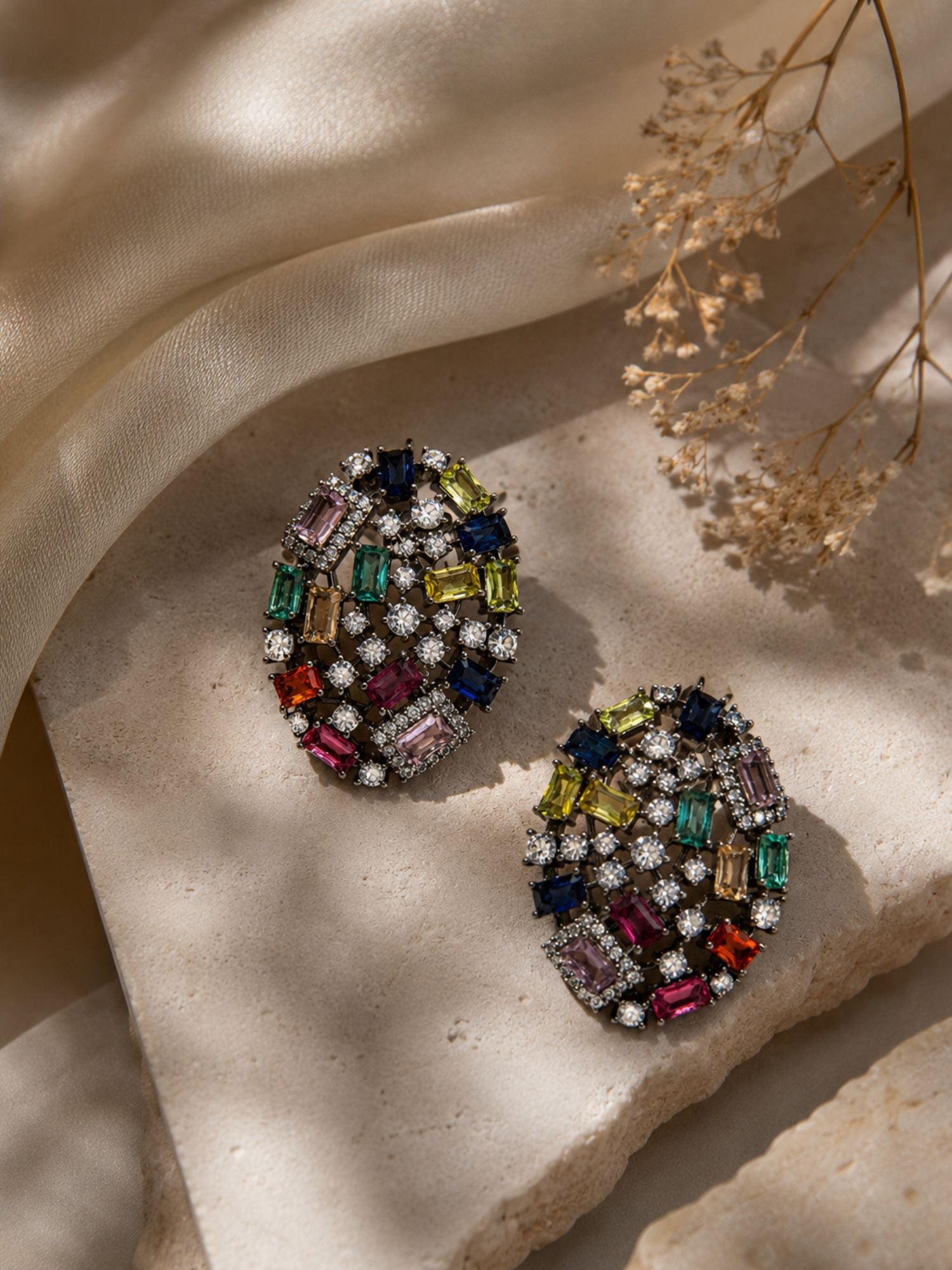 Multicolor Crystal Stud Black Rhodium Earrings | Abdesigns