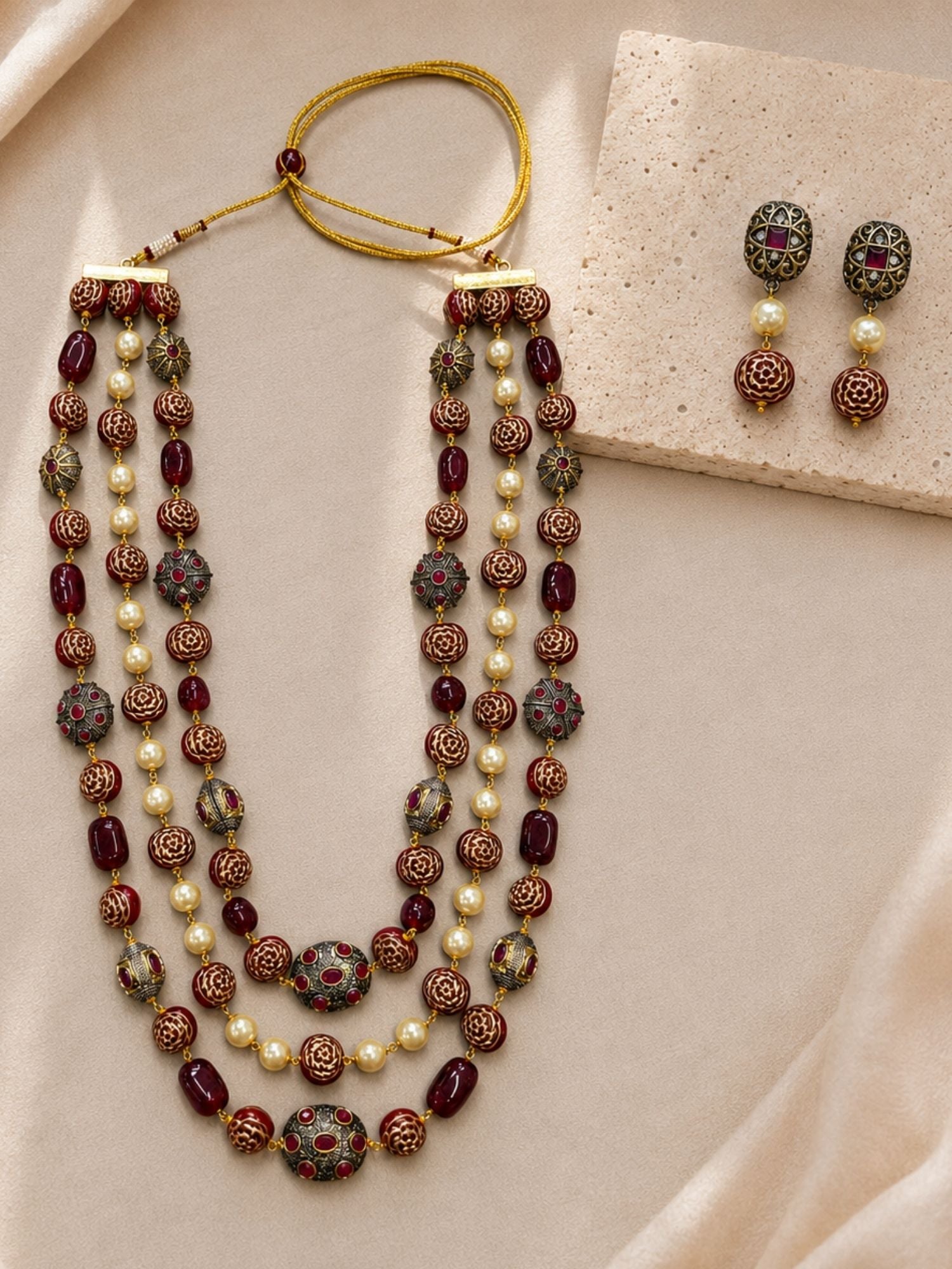 Antique Gold Plated Green Bead Pearl Mala Necklace Set with Earrings