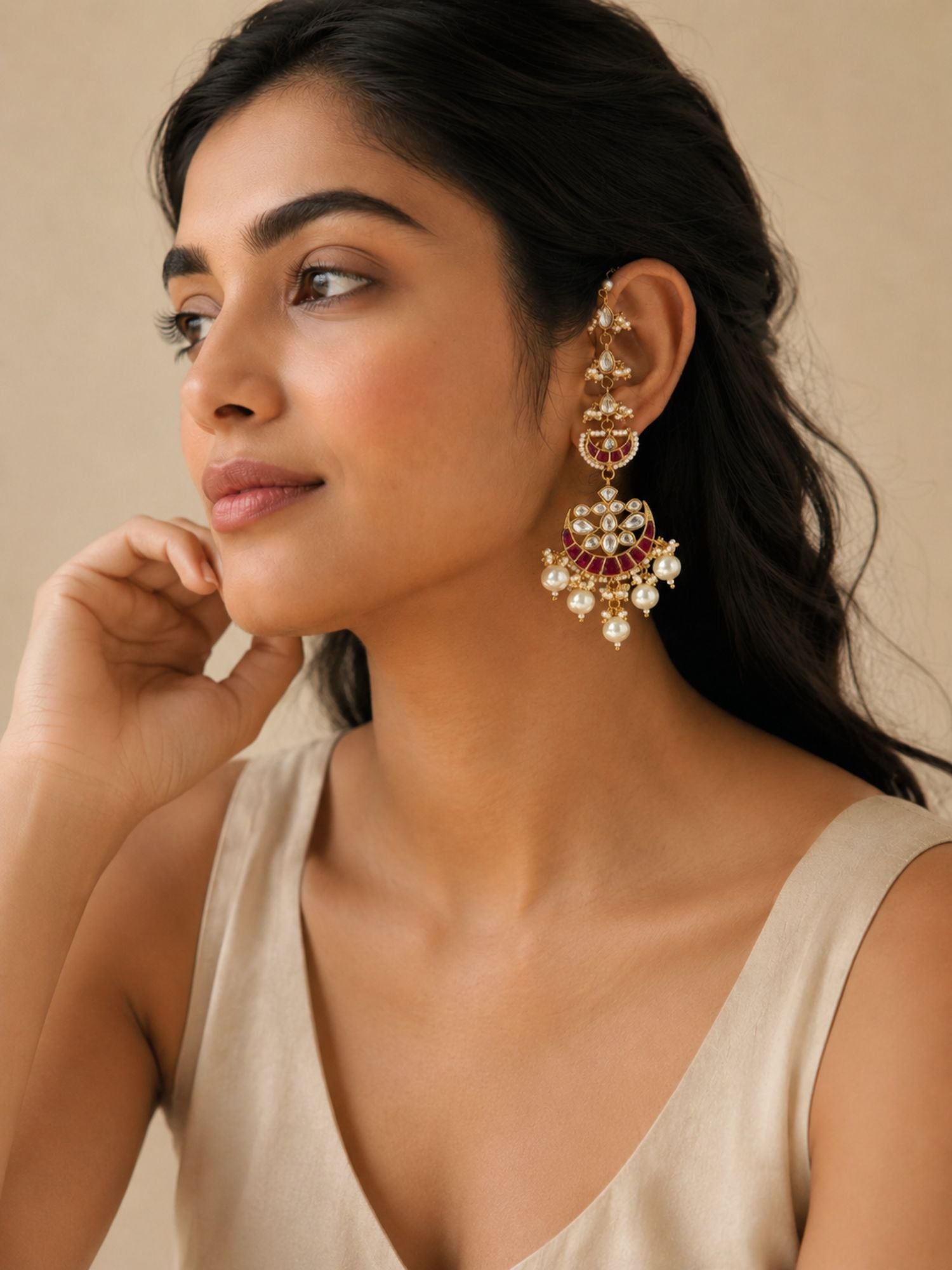 Abdesigns Pachi Kundan Ear Cuff Chandbali Earrings with Pearl Drops