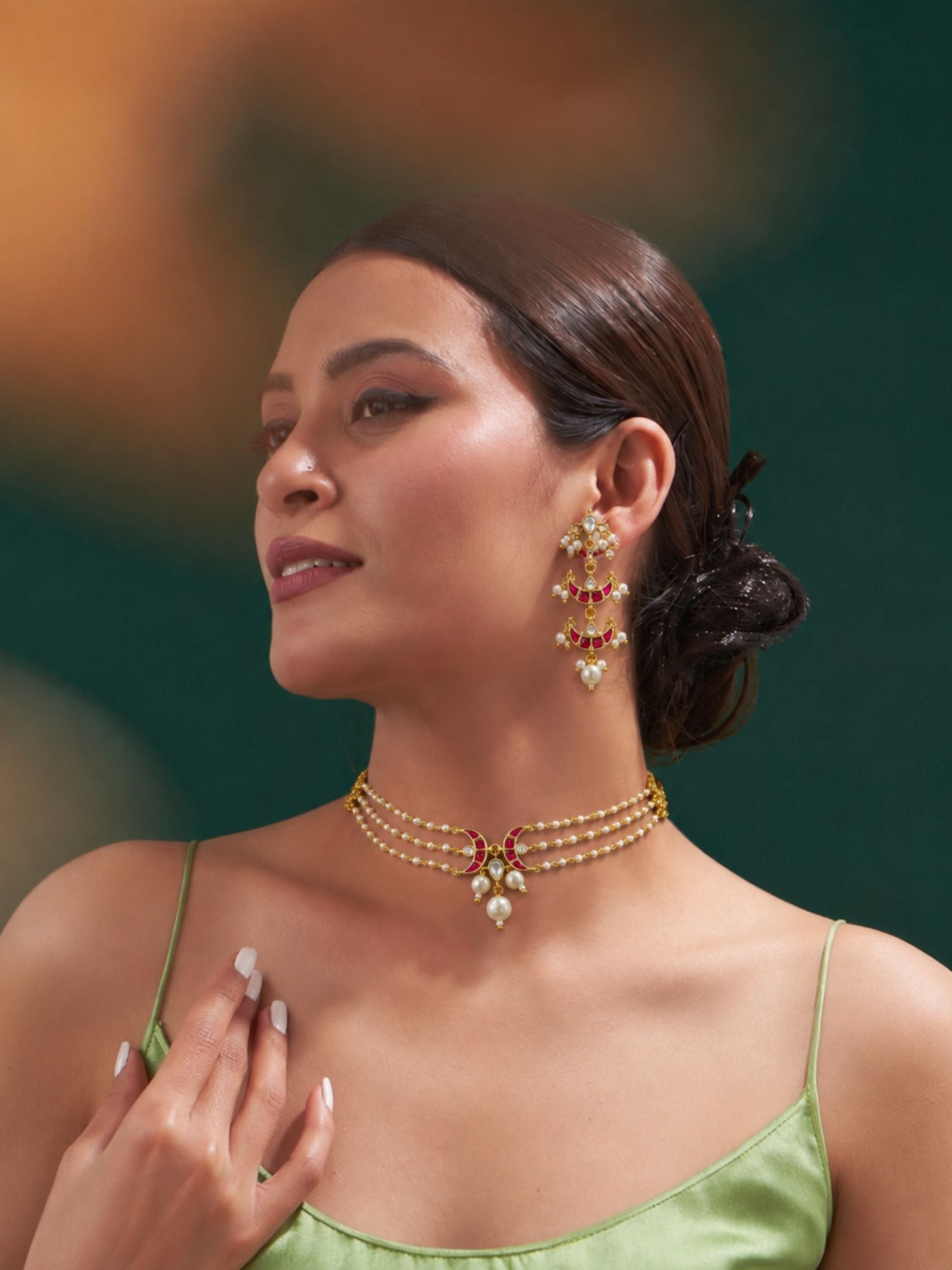 Gold Plated Red Kundan Chand Pearl Choker Necklace Set with Earrings