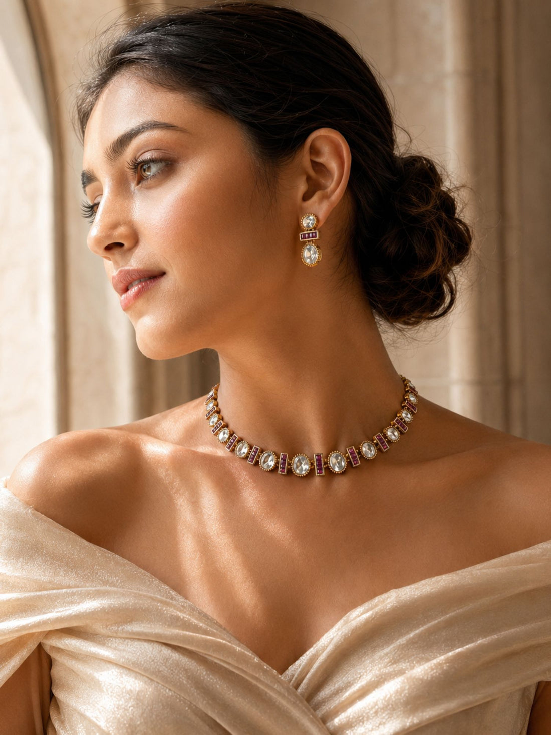 Gold Plated Ruby Emerald Stone Polki Statement Necklace Set for Women | Abdesigns