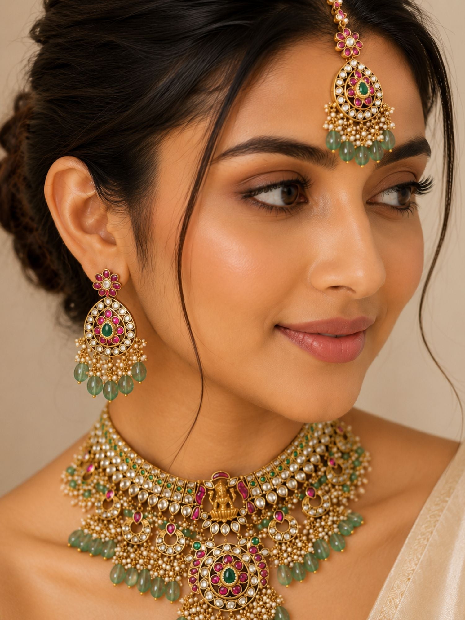 Abdesigns Royal Kundan Bridal Choker Set with Maang Tikka & Green Drops