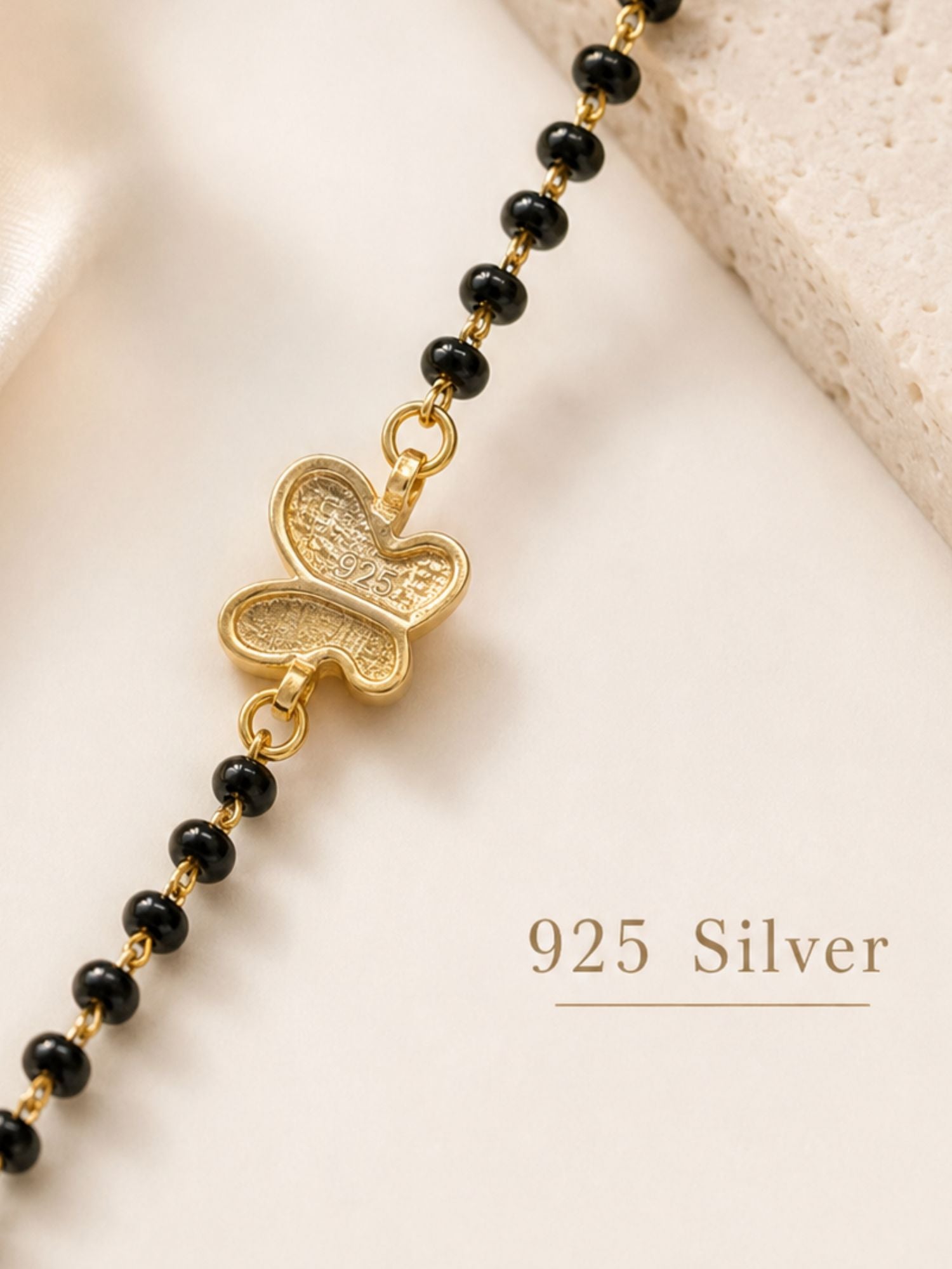 925 Sterling Silver Gold Plated Kids Black Bead Bracelet with Charms