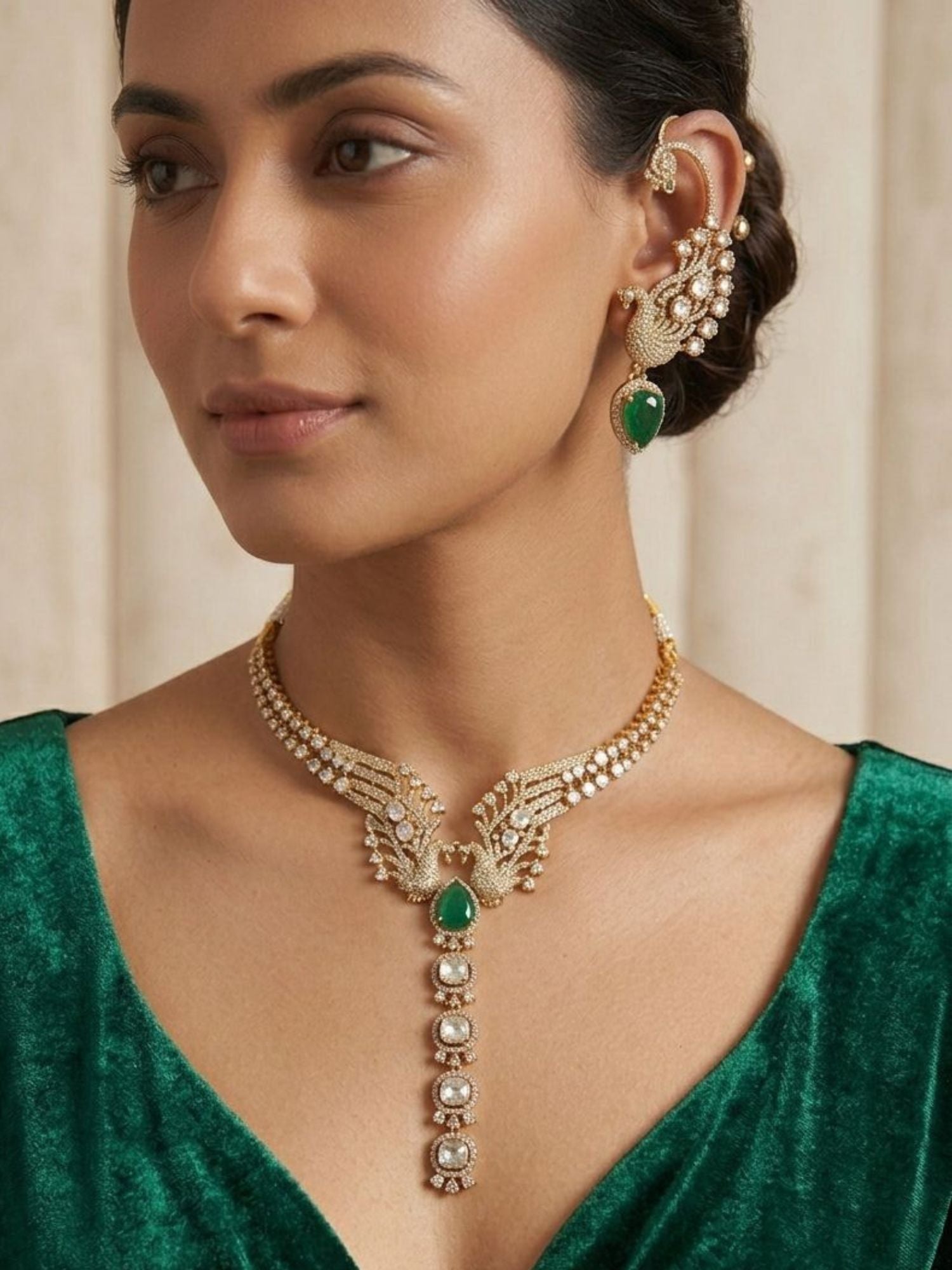 Abdesigns Peacock Design Kundan Necklace Set with Green Stone