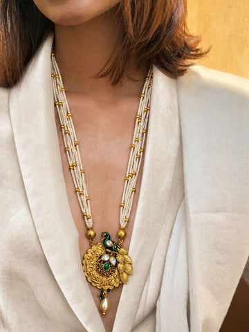 Antique Gold Plated Peacock Kundan Pearl Necklace Set