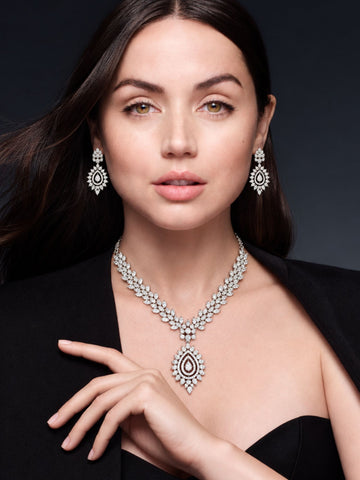 Silver Plated AD Stone Leaf Teardrop Necklace Set with Earrings for Women