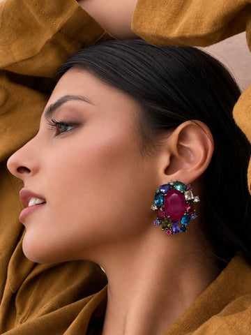 Silver Black Rhodium Plated Multicolor Crystal Oval Statement Earrings