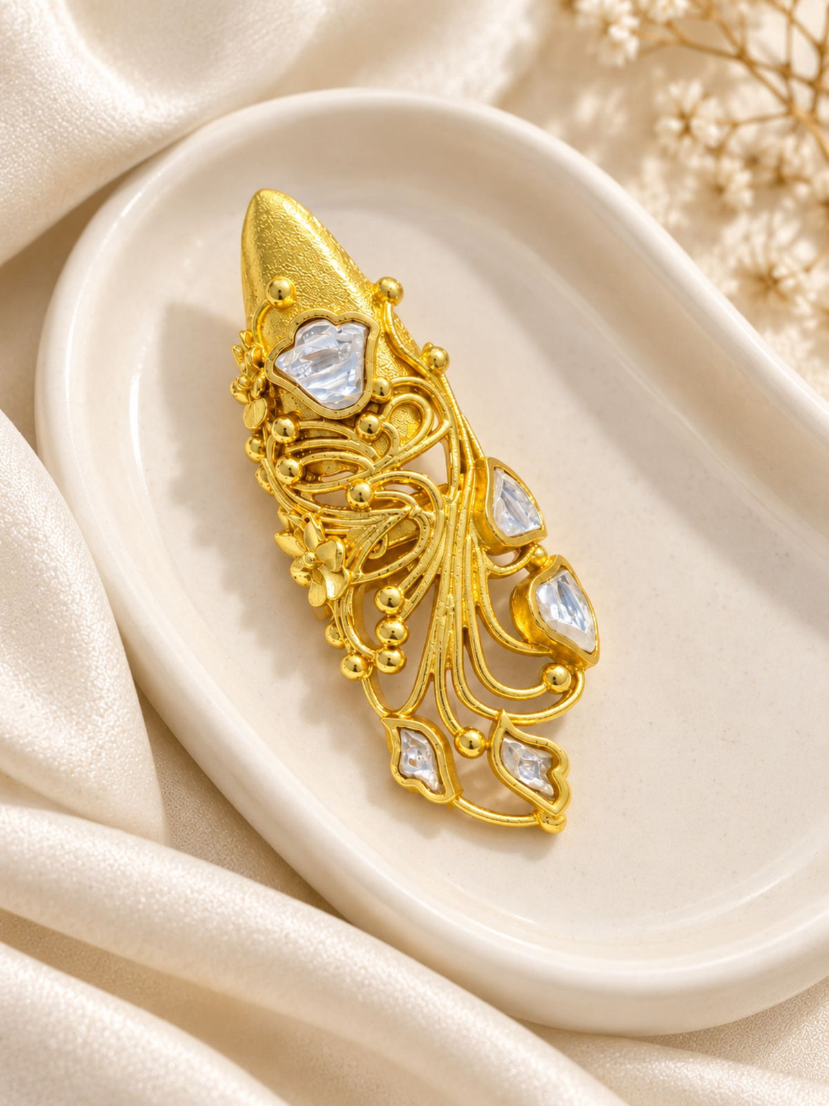 Gold Plated Ruby Kundan Filigree Nail Ring for Women