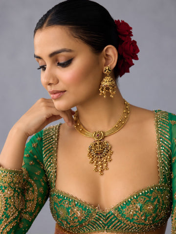 Gold Plated Temple Lakshmi Hasli Necklace Set with Jhumka Earrings
