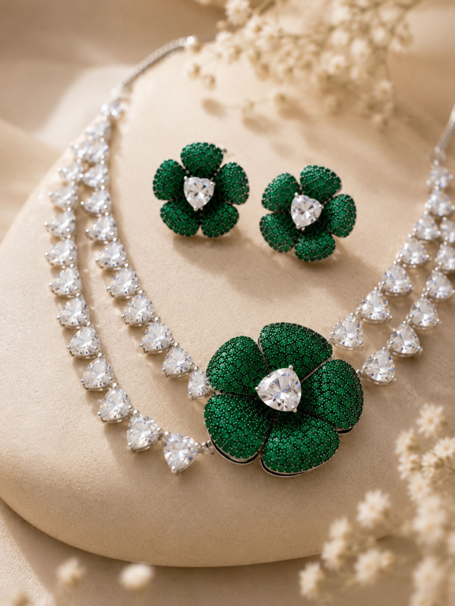 Emerald Bloom Floral Necklace Set with Crystal Petal Drops - necklace by Abdesigns Jewellery