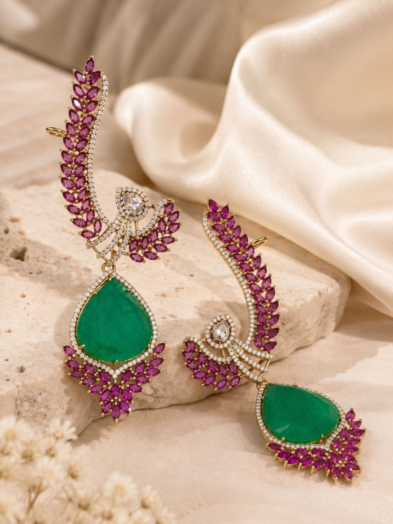 Emerald Statement Earrings in Gold Plating Party Festive | Abdesigns