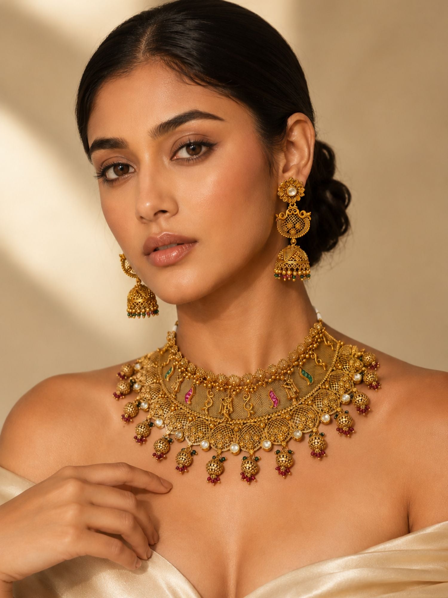 Bridal Antique Temple Choker Necklace Set in Gold Plating | Abdesigns