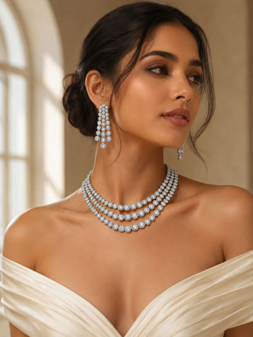 Silver Plated American Diamond Multilayer Necklace Set | Abdesigns Jewellery
