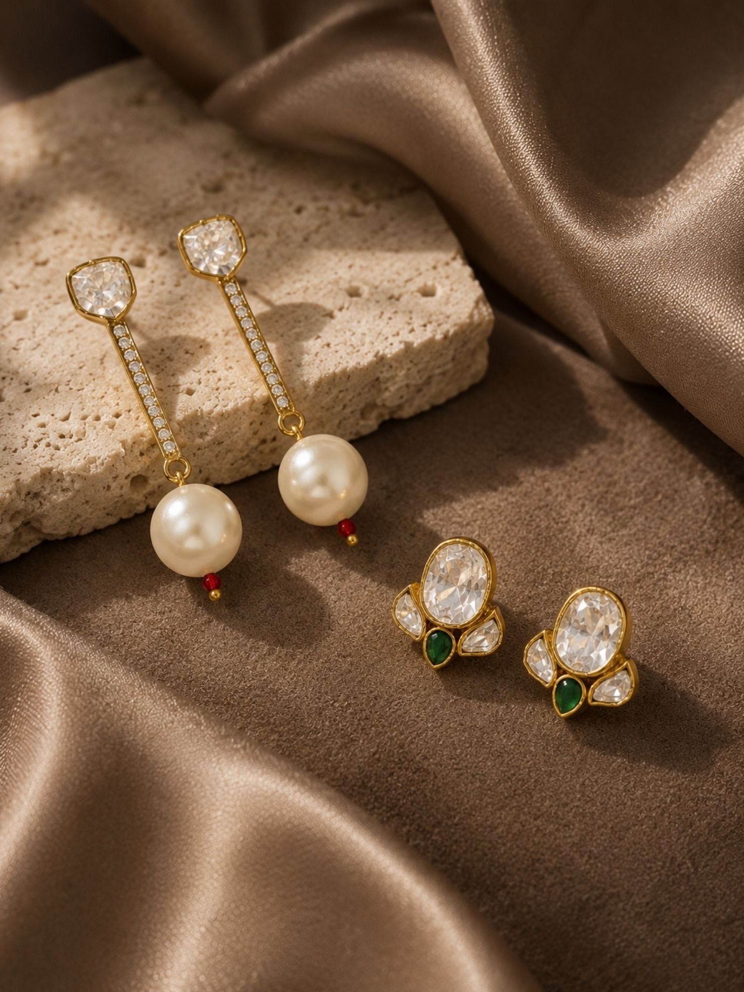 Combo Of Gold Plated Kundan Pearl & Green Stone Earrings
