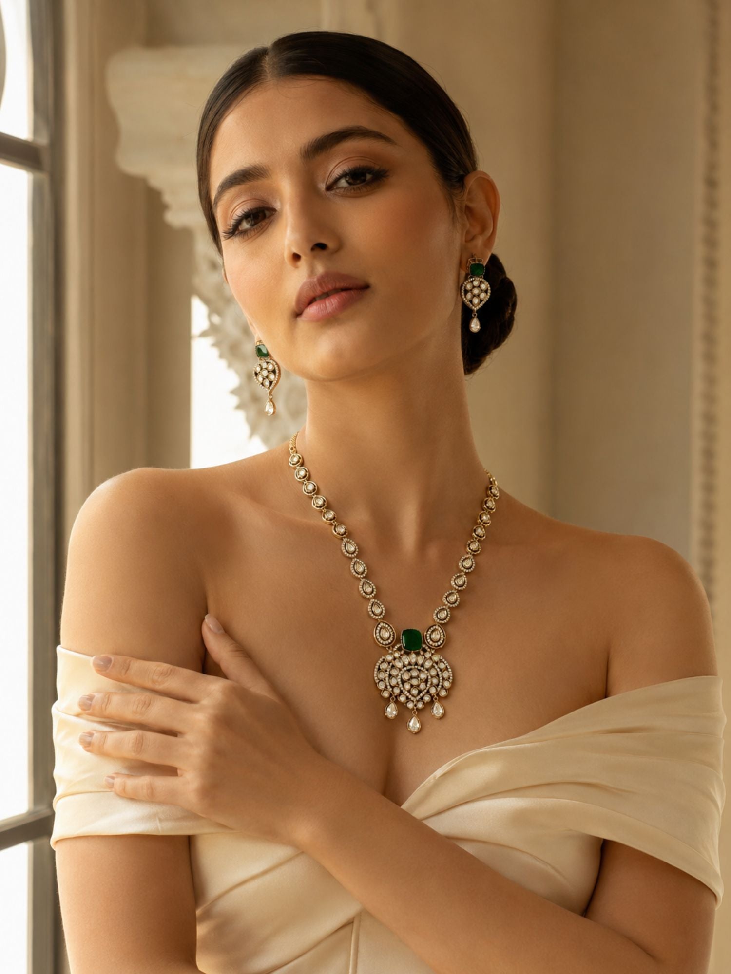 Green Kundan Pendant Necklace Set in Gold Plating | Abdesigns