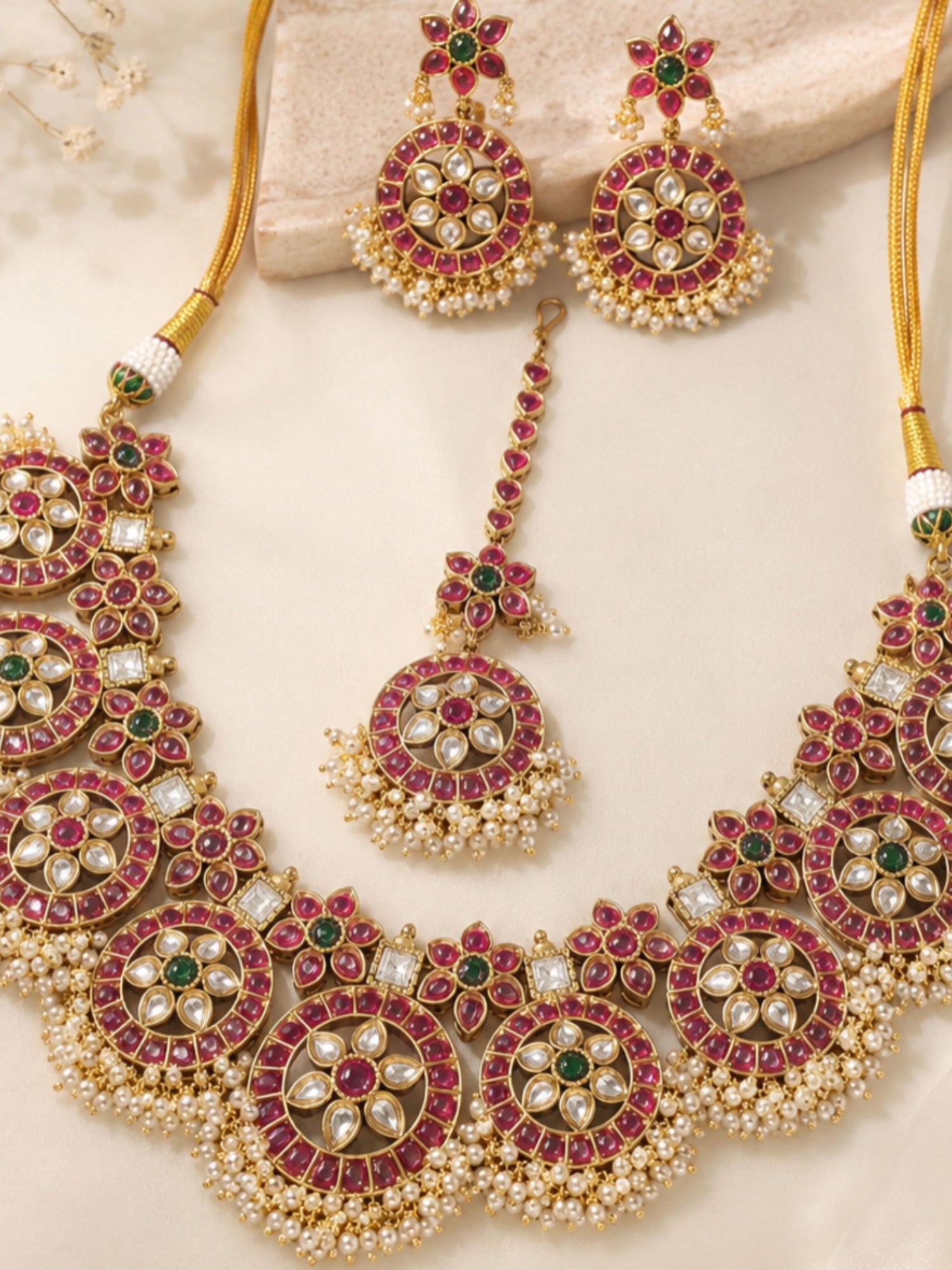 Abdesigns Southindian  Kundan Pearl Kemp Stone Necklace Set
