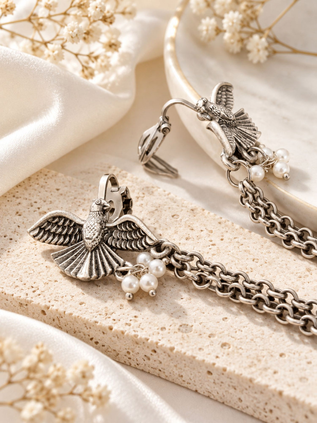 Bird Floral Pearl Chain Ear Cuff Oxidised Silver | Abdesigns