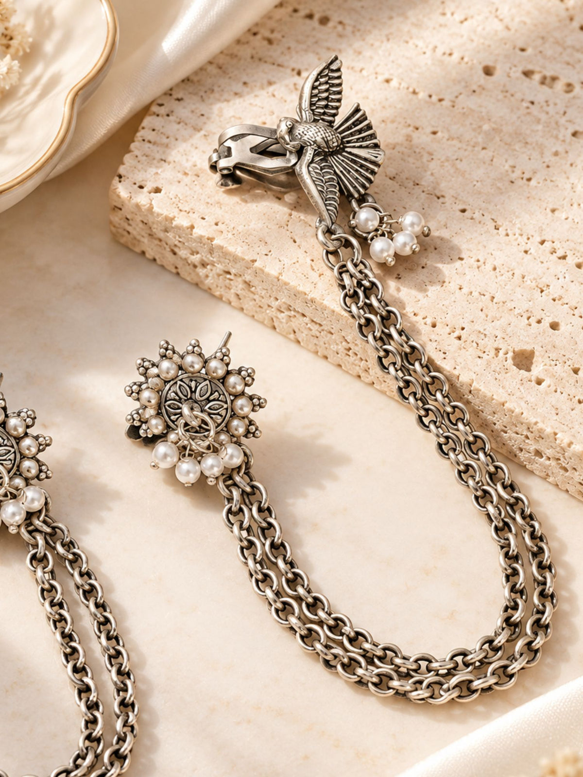 Bird Floral Pearl Chain Ear Cuff Oxidised Silver | Abdesigns