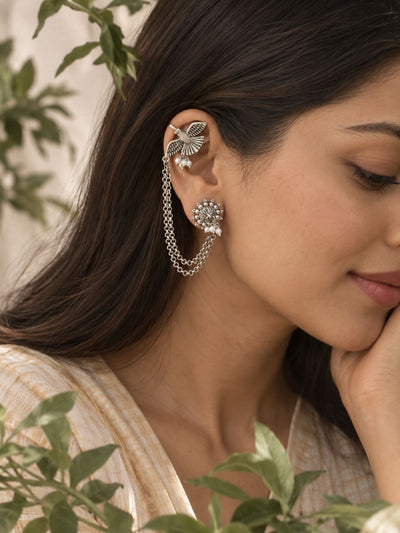 Bird Floral Pearl Chain Ear Cuff Oxidised Silver | Abdesigns