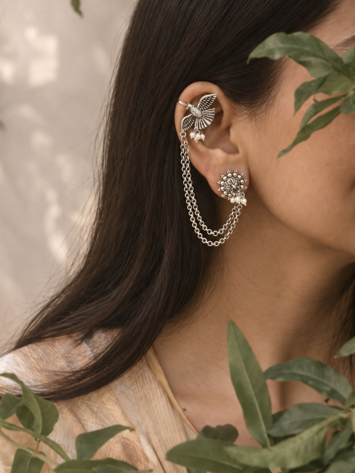 Bird Floral Pearl Chain Ear Cuff Oxidised Silver | Abdesigns