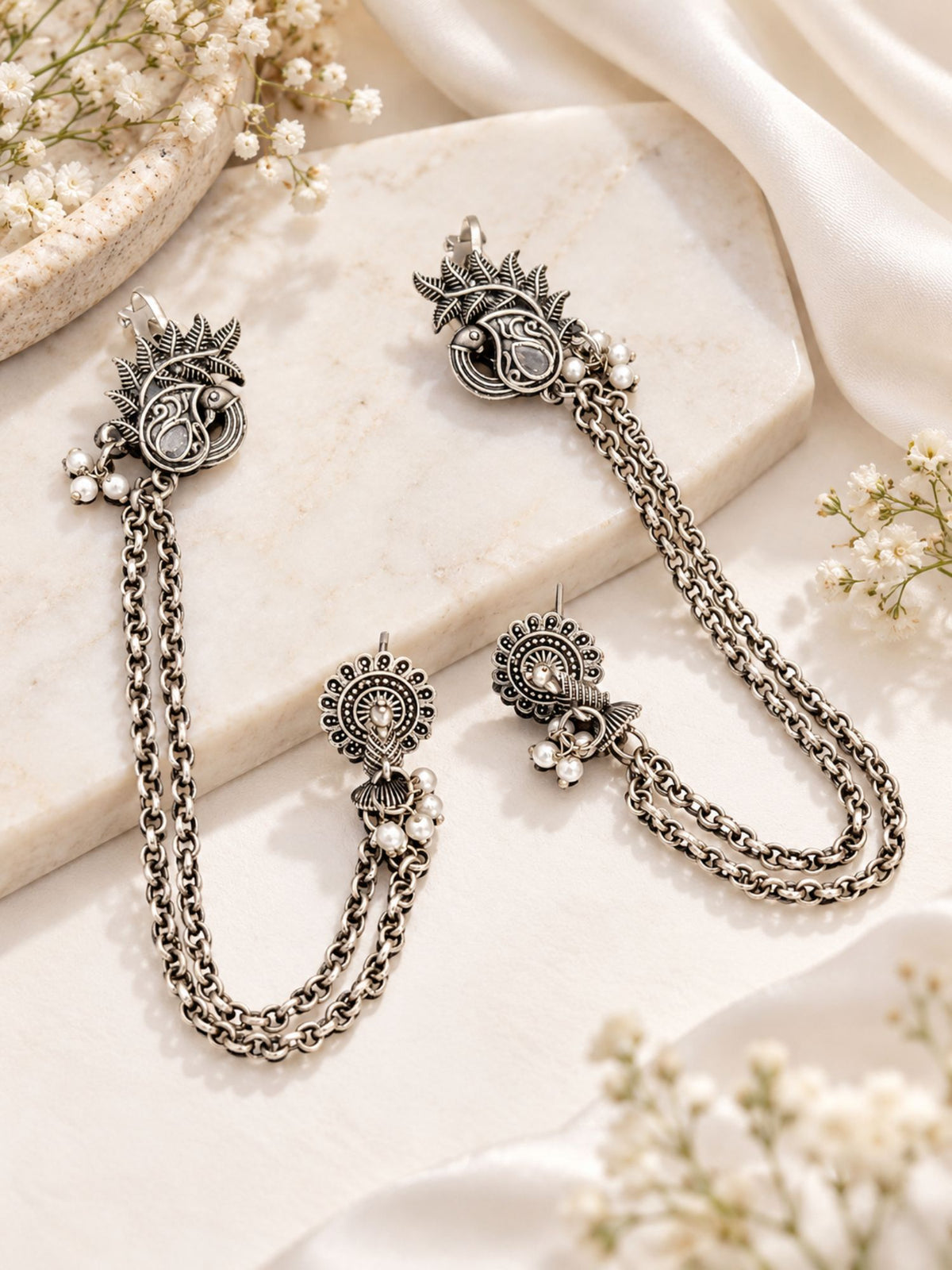 Peacock Pearl Chain Ear Cuff Oxidised Silver Plated | Abdesigns