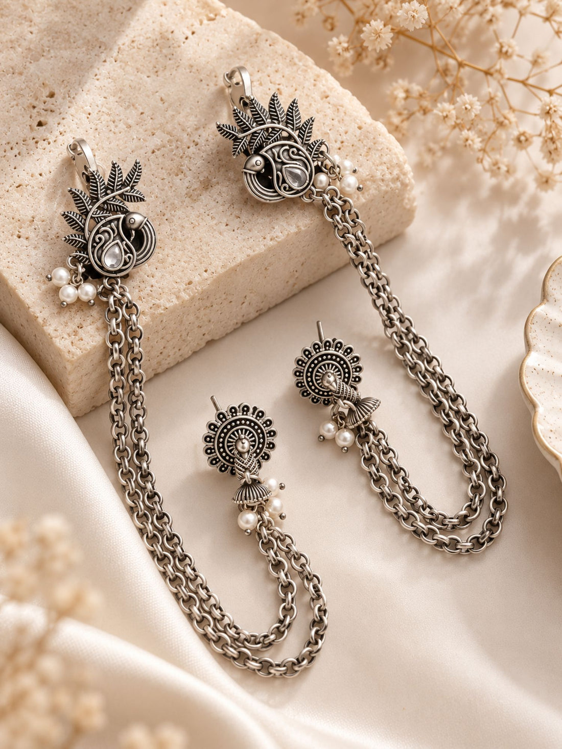 Peacock Pearl Chain Ear Cuff Oxidised Silver Plated | Abdesigns