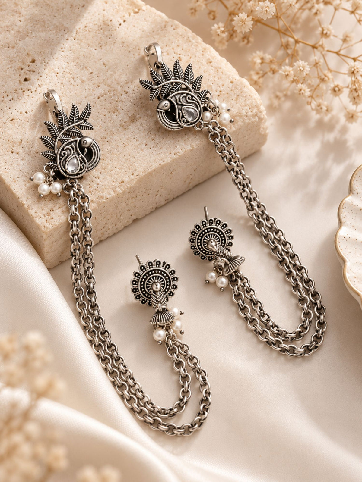 Peacock Pearl Chain Ear Cuff Oxidised Silver Plated | Abdesigns