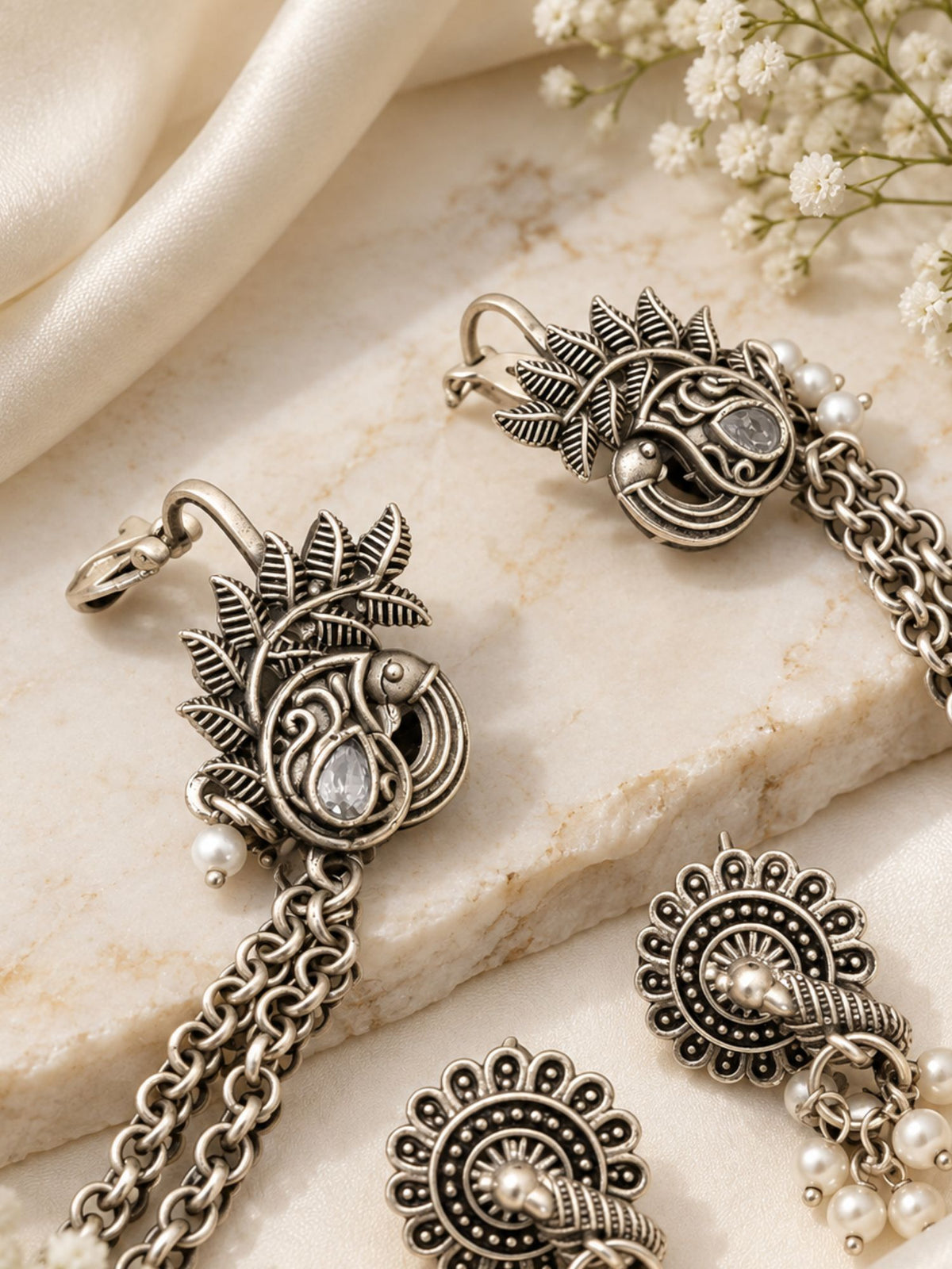 Peacock Pearl Chain Ear Cuff Oxidised Silver Plated | Abdesigns