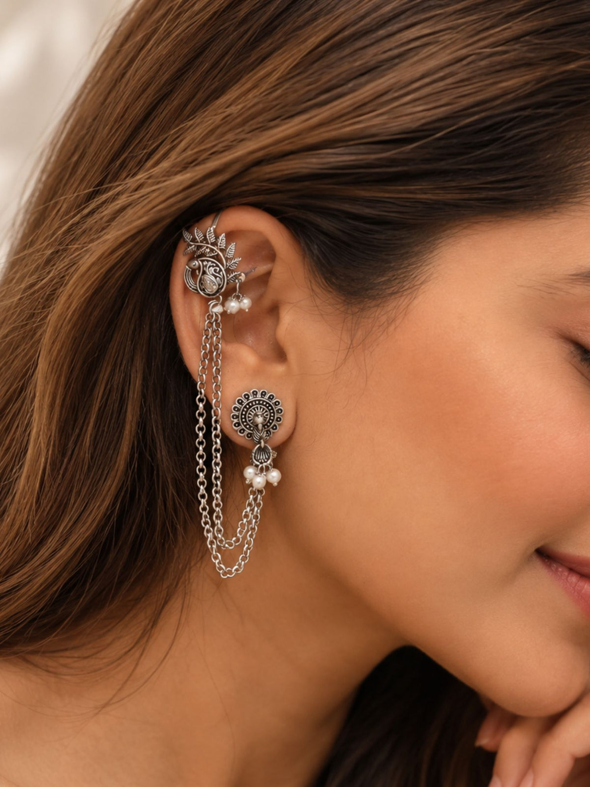 Peacock Pearl Chain Ear Cuff Oxidised Silver Plated | Abdesigns