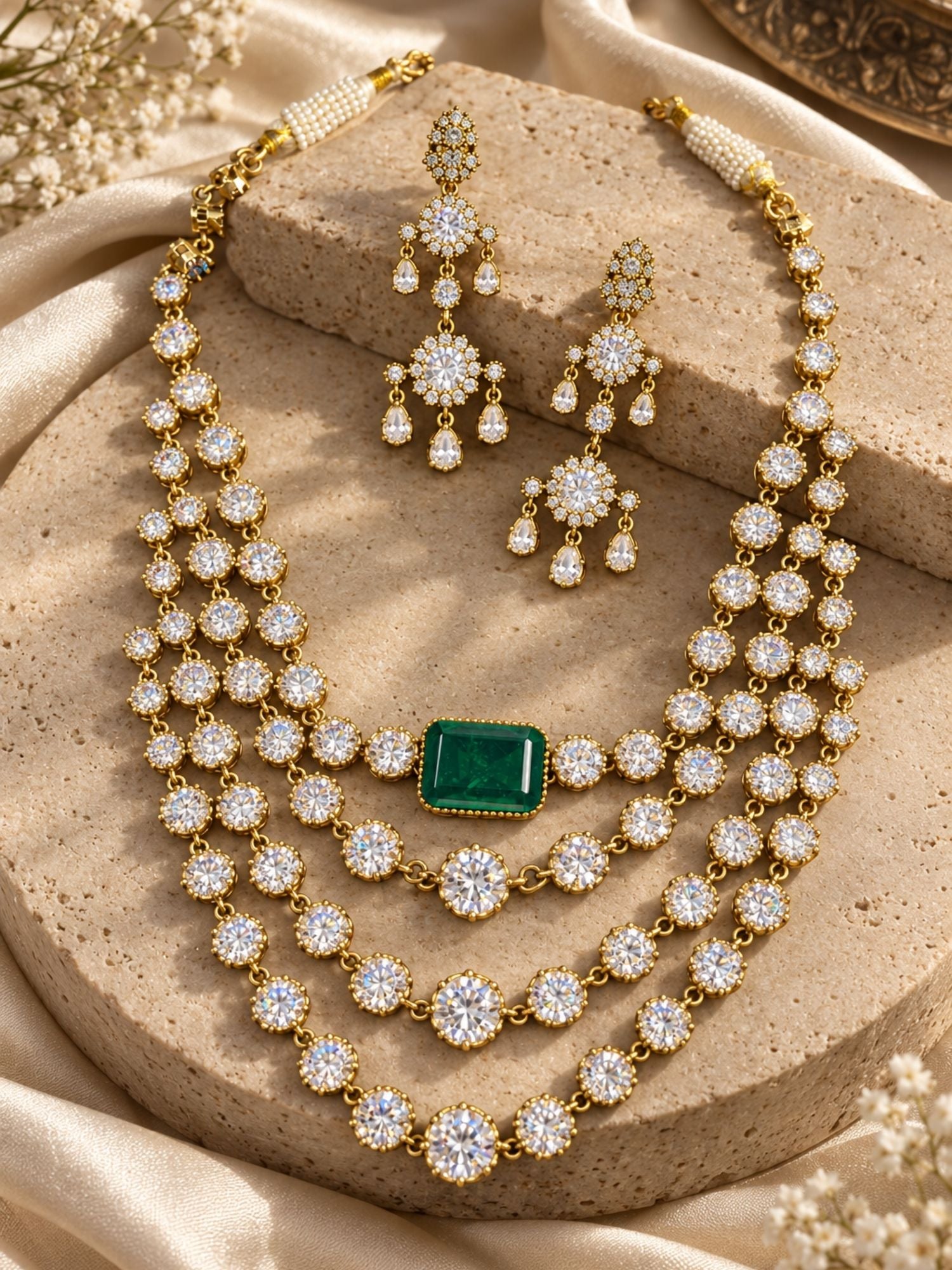 Victorian Gold Plated Green Stone Layered AD Statement Necklace Set with Earrings