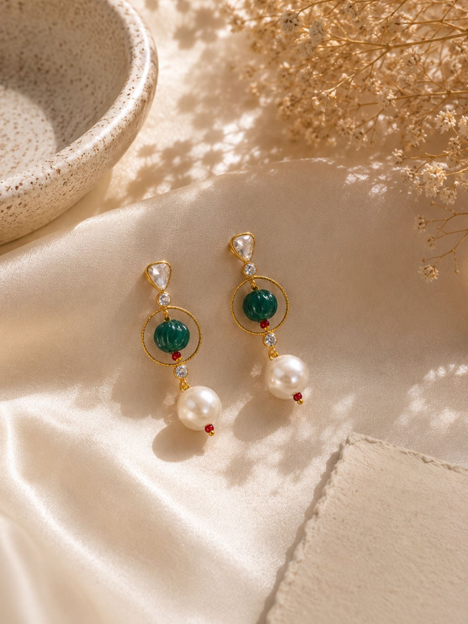 Combo Of  Kundan Green Bead & Pearl Drop Earrings