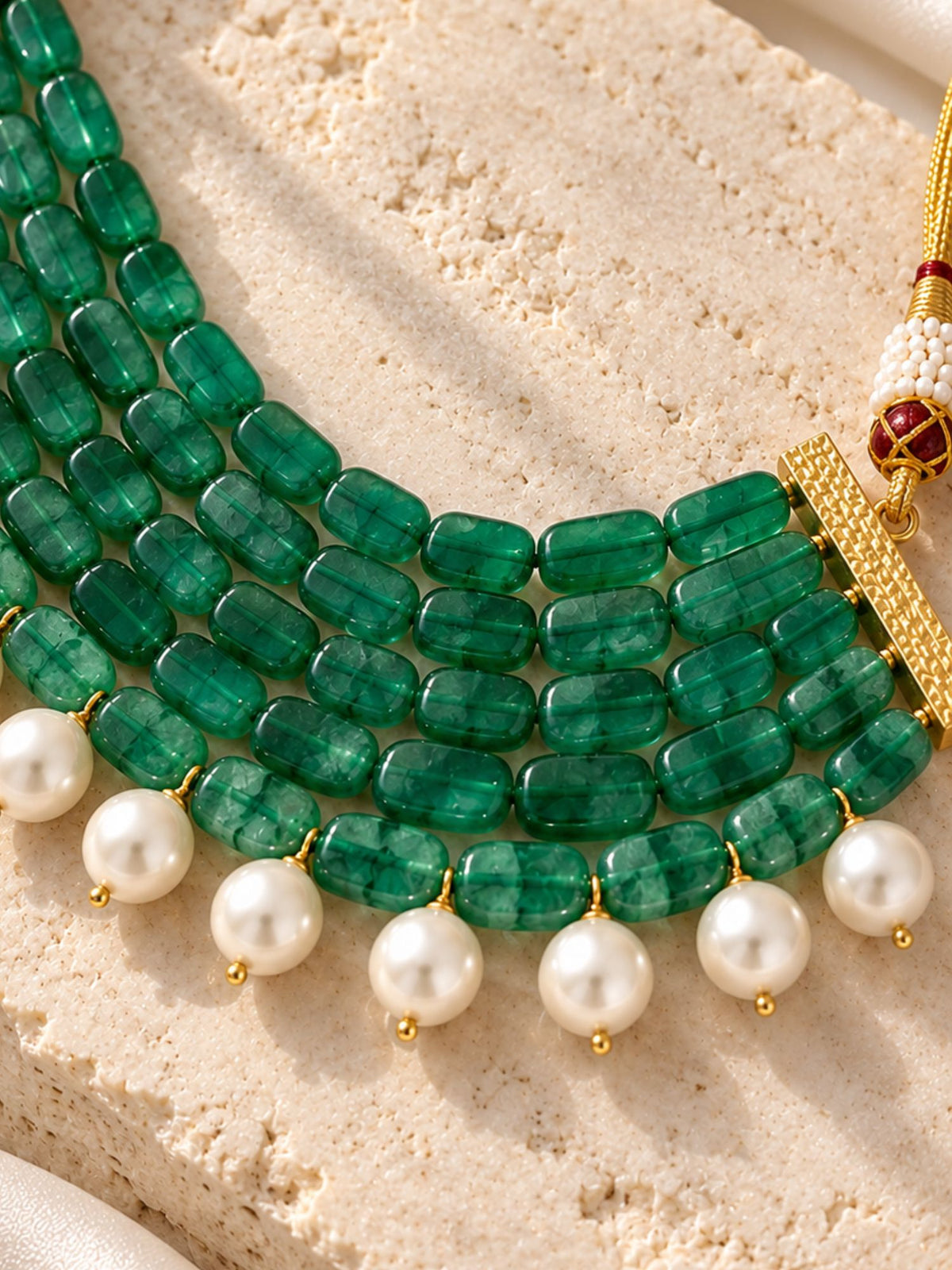 Gold Plated Green Beaded Pearl Multi-Layer Choker Necklace for Women