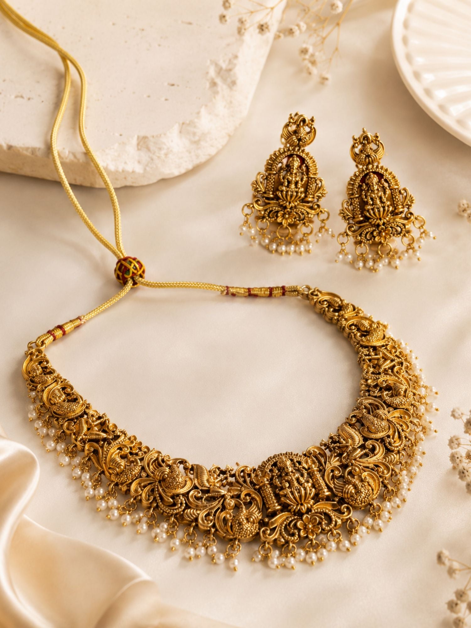 Lakshmi Temple Necklace Set in Gold Plating | Abdesigns