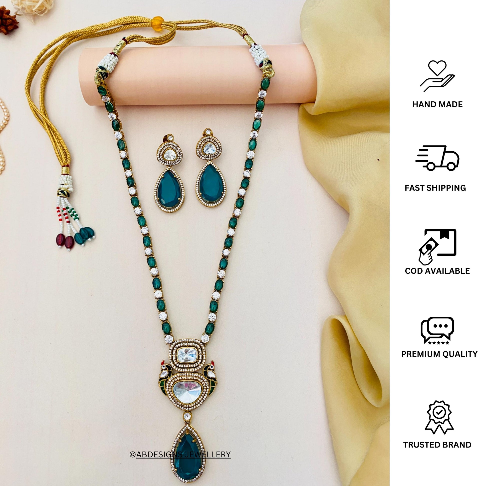 Gold Plated Emerald Polki Peacock Necklace Set - Abdesignsjewellery
