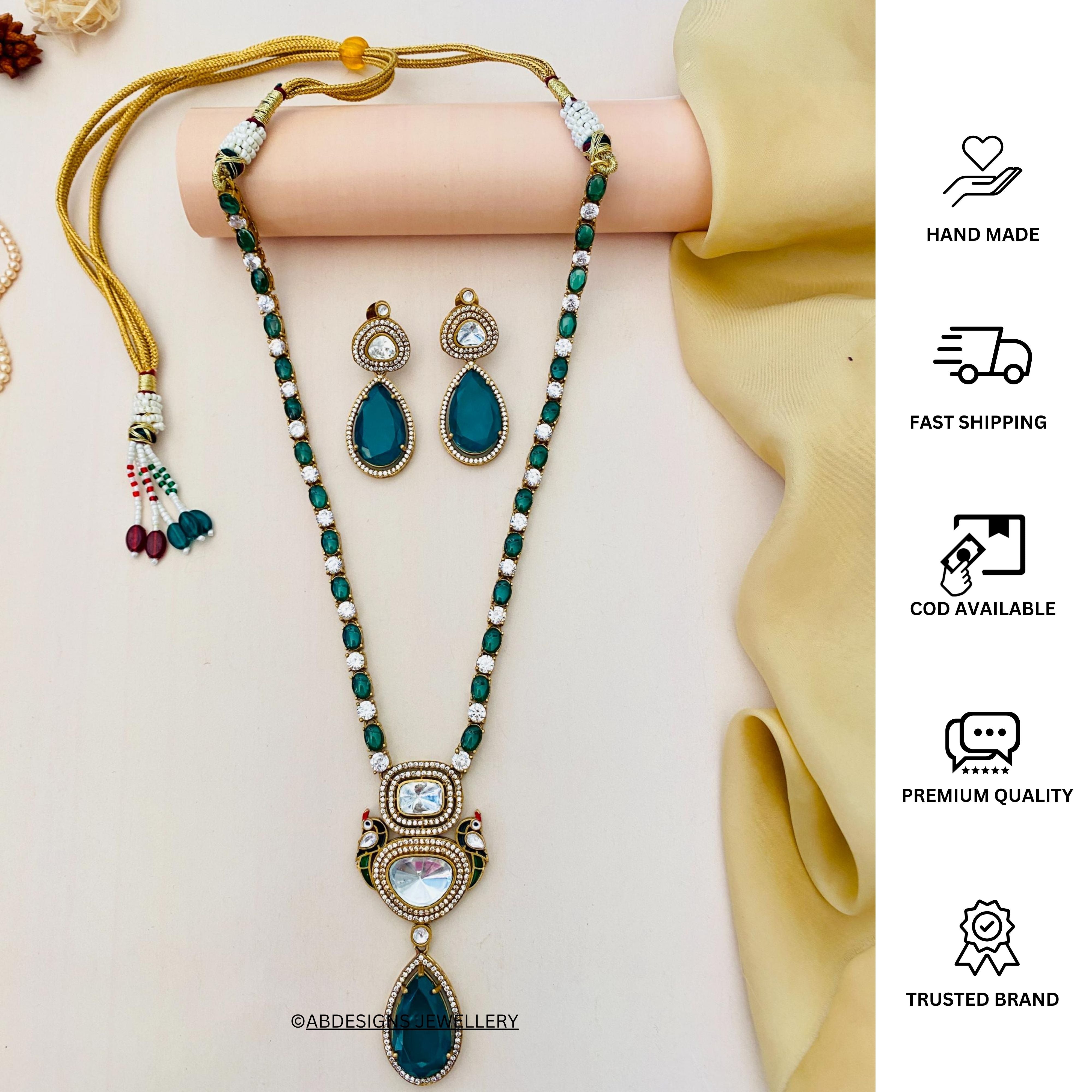 Gold Plated Emerald Polki Peacock Necklace Set - Abdesignsjewellery