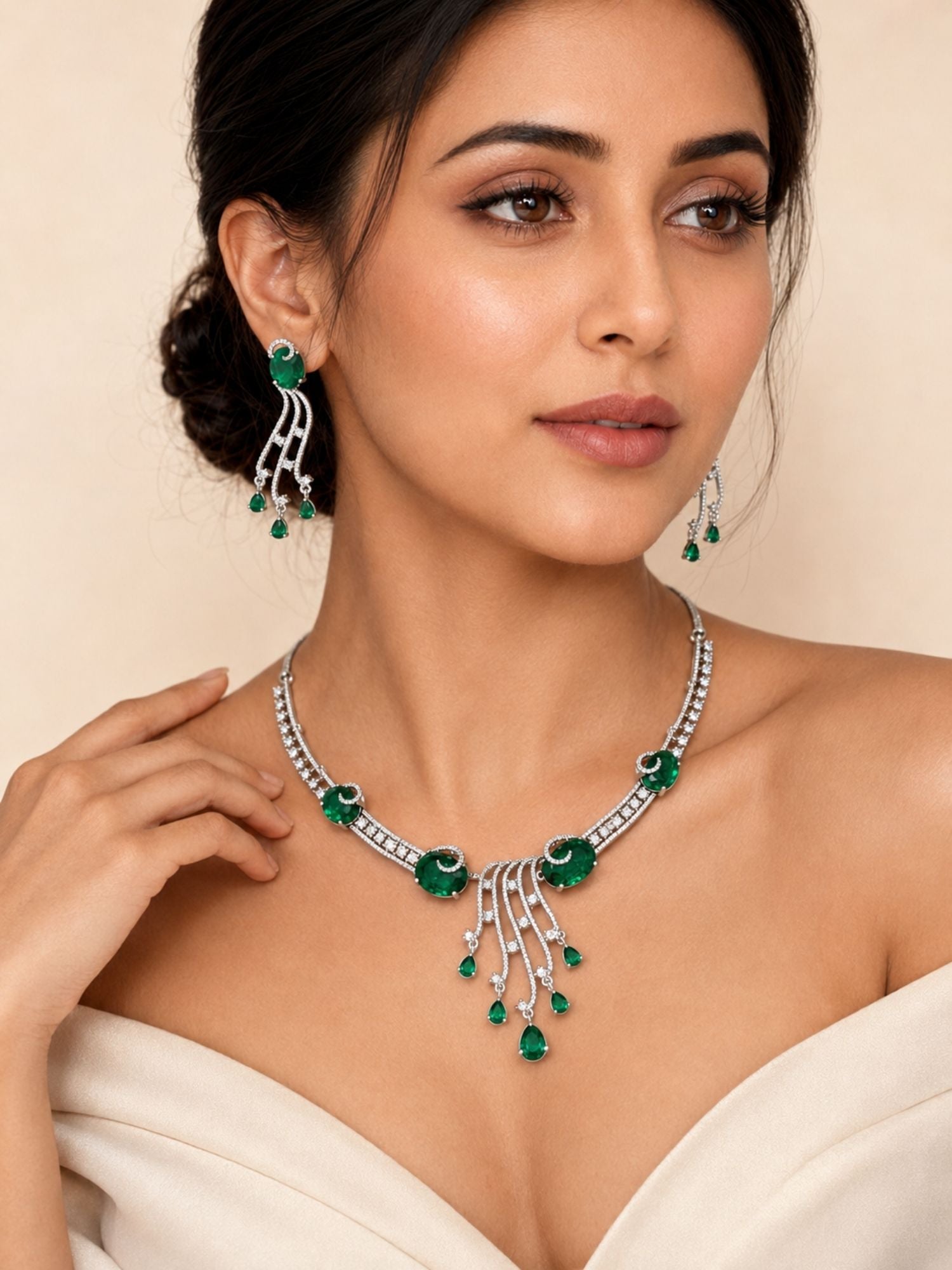 Silver Tone Cz Emerald Ruby American Diamond Necklace Set | Abdesigns