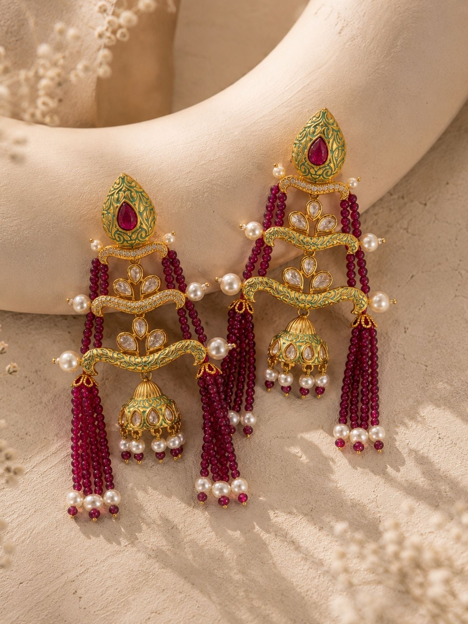 Royal Pink Beaded Jhumka Tassel Earrings – Traditional Kundan Statement Earrings - earrings by Abdesigns Jewellery