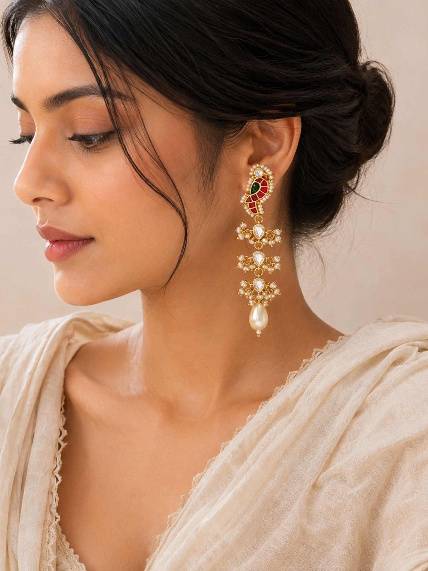 Abdesigns Traditional Pachi Kundan Parrot Bird Pearl Drop Earrings