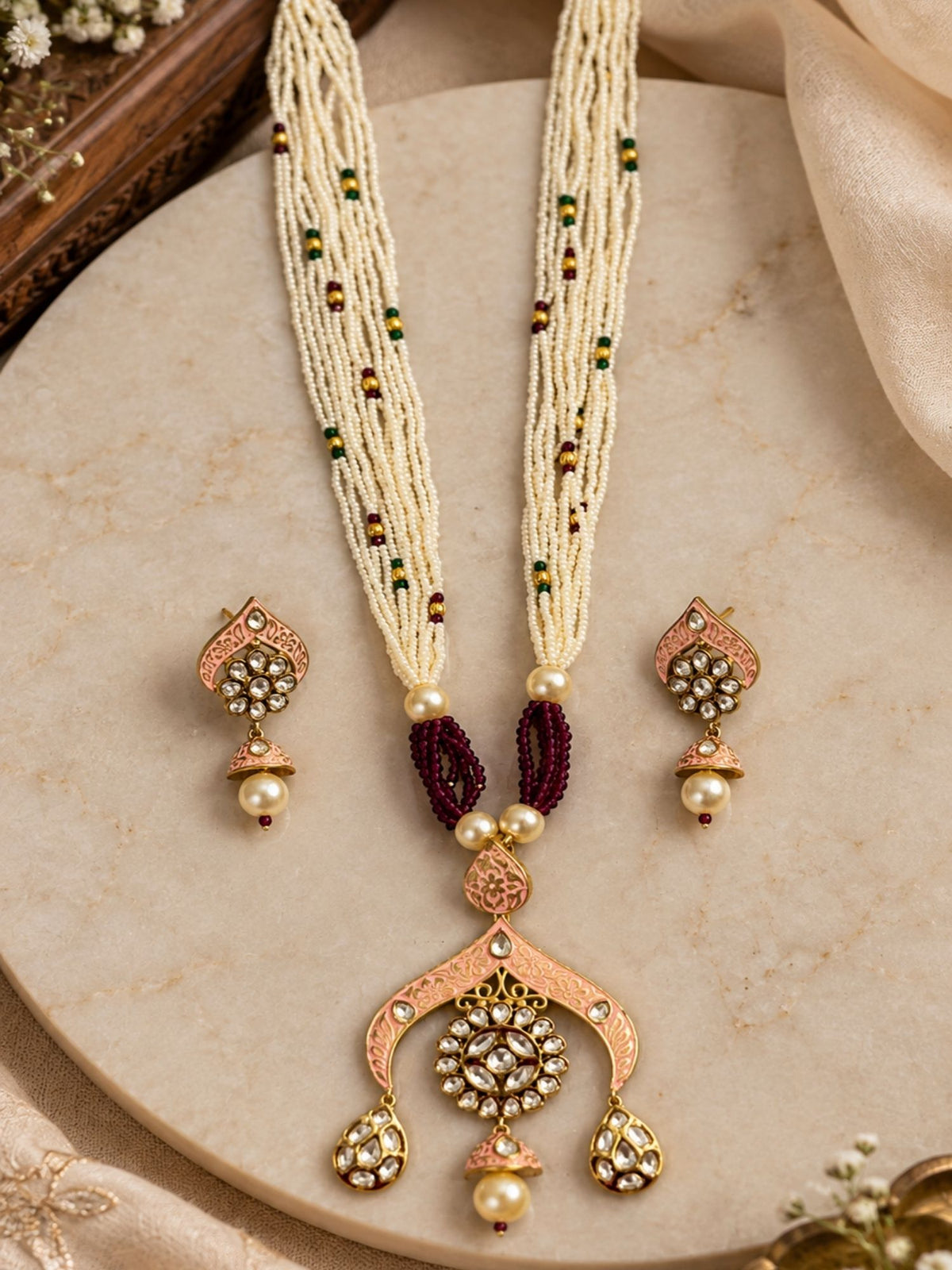 Meenakari Kundan Pearl Long Mala Necklace Set in Green & Pink