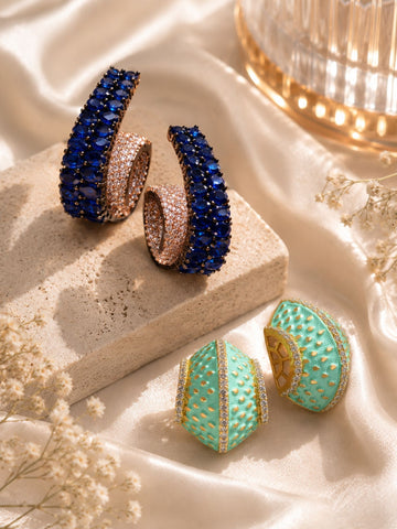 Blue CZ & Mint Green Enamel Hoop Earrings Set