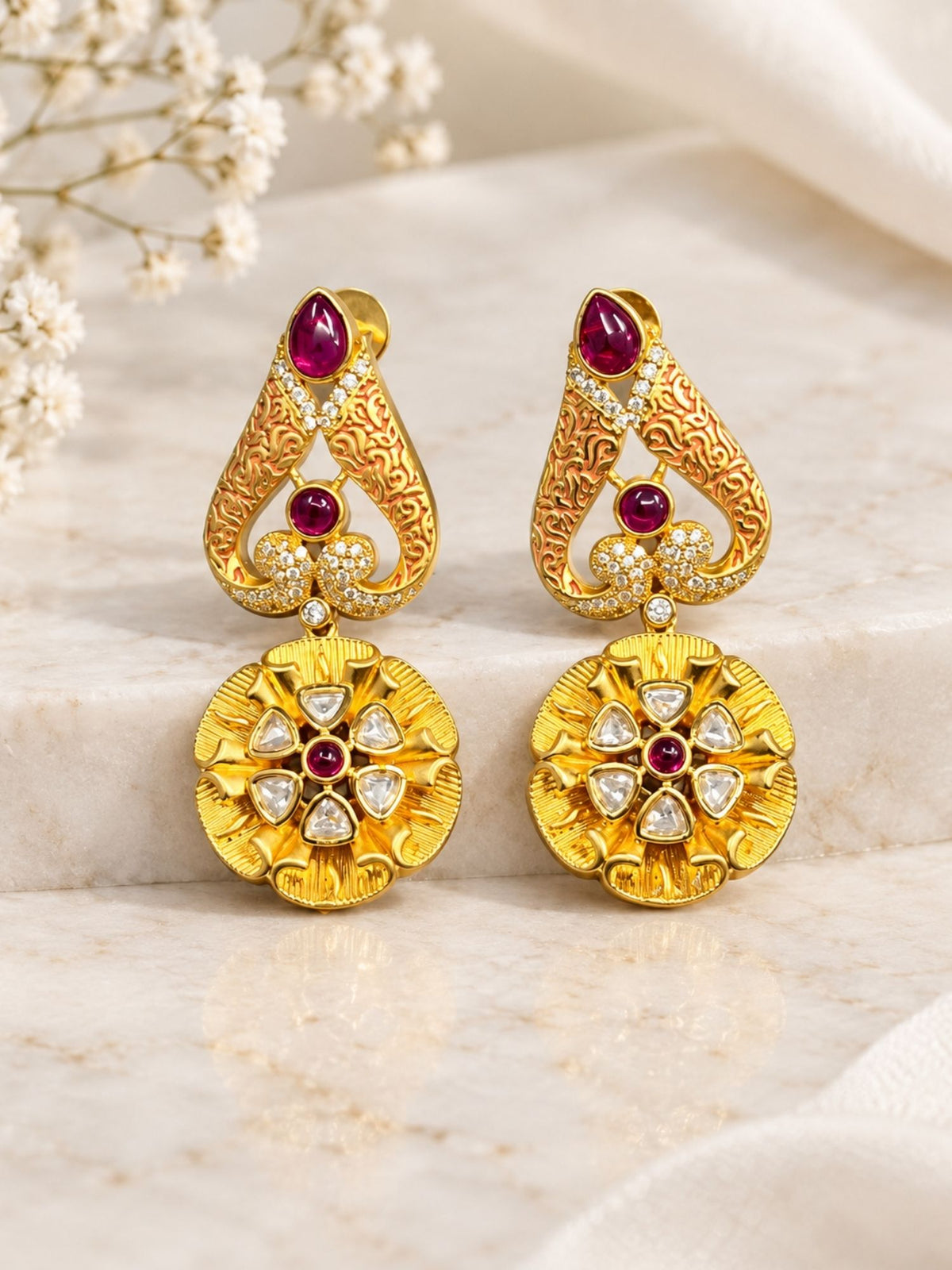 Red Meenakari Kundan Floral Statement Earrings | Abdesigns Jewellery