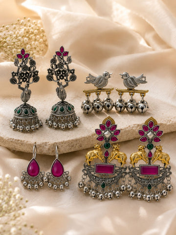 Set of 4 Oxidised Silver Statement Earrings for Women
