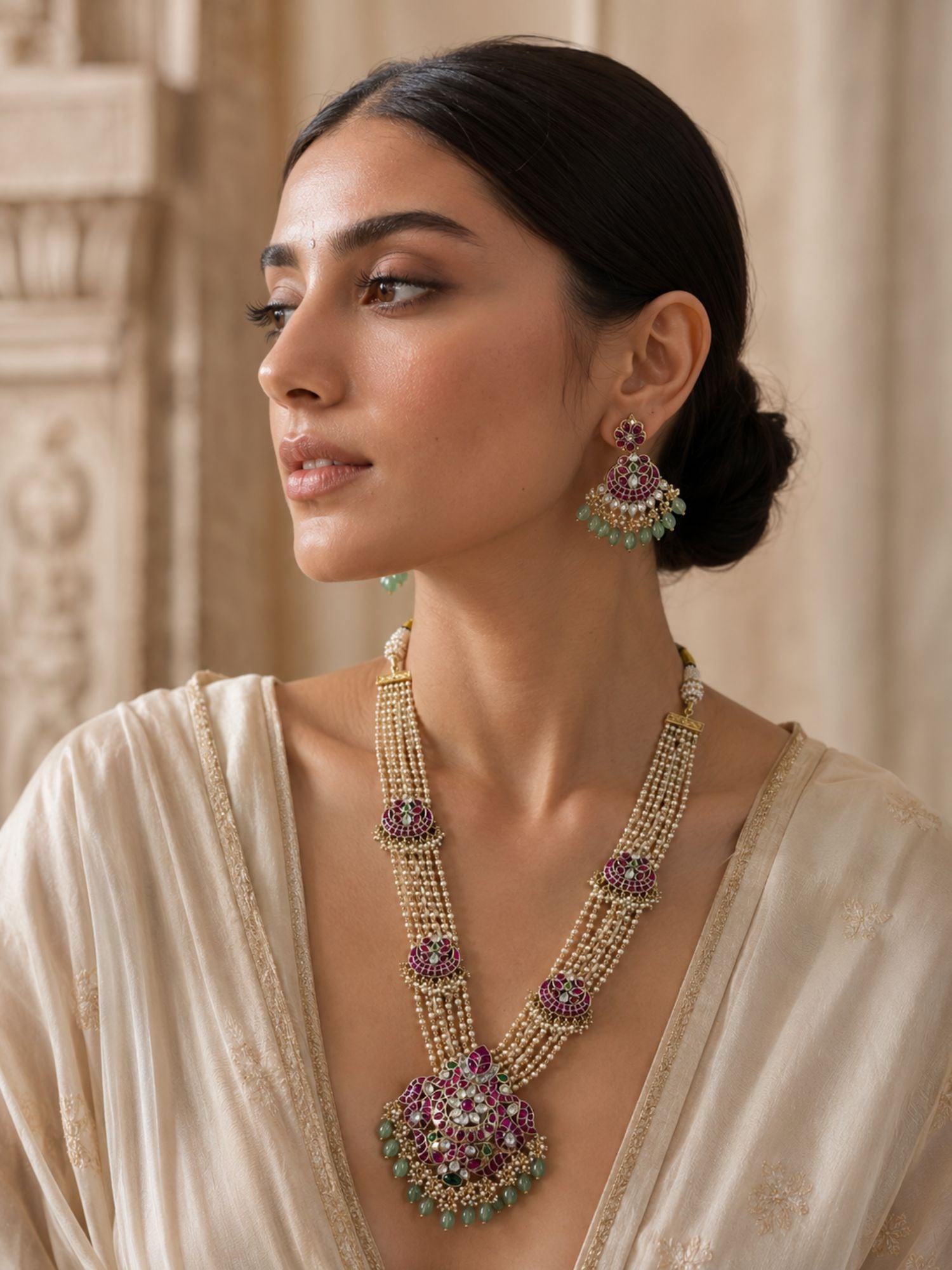 Abdesigns Royal Multi-Layer Pearl Kundan Necklace Set with Pink Stone Pendant