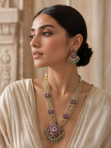 Abdesigns Royal Multi-Layer Pearl Kundan Necklace Set with Pink Stone Pendant