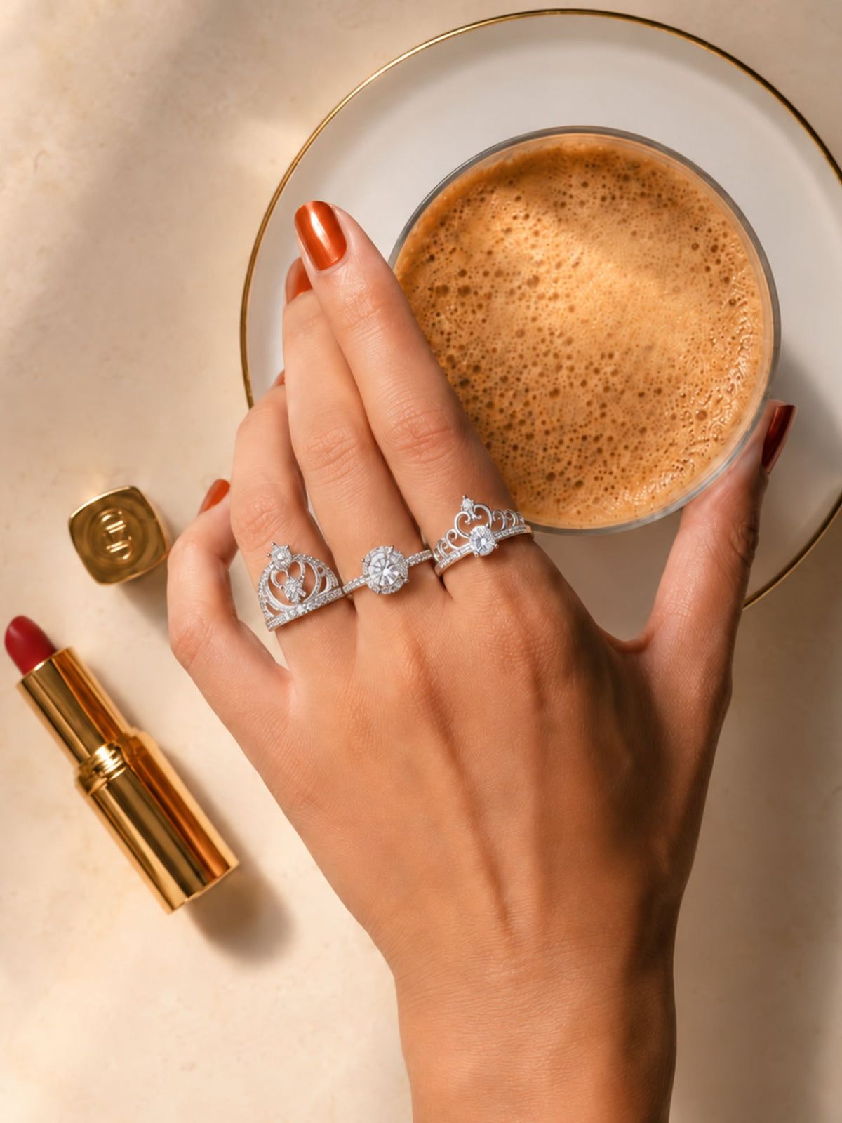 Set of 3 Silver Plated AD Stone Crown & Solitaire Statement Rings for Women
